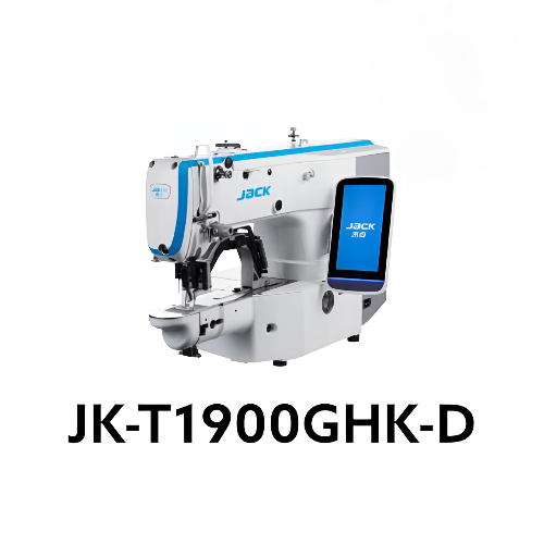 Máquina de coser industrial Jack JK-T1900GHK-D de 220 V, color blanco, sobre mesa con panel de control digital.