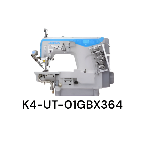 Máquina de coser industrial Jack K4-UT-01GBX364 recubridora cilíndrica, ideal para dobladillos, puños y cuellos en prendas de punto y ropa deportiva.