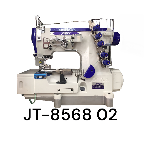Máquina de coser industrial Jontex JT-8568-02D recubridora de alta velocidad, equipada con motor servo de bajo consumo, ideal para confección de ropa y tapicería.