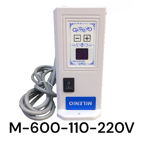 Motor ahorrador electrónico M-600 de 600W para máquina de coser industrial, color gris metálico con base blanca, control de velocidad electrónico y diseño silencioso.