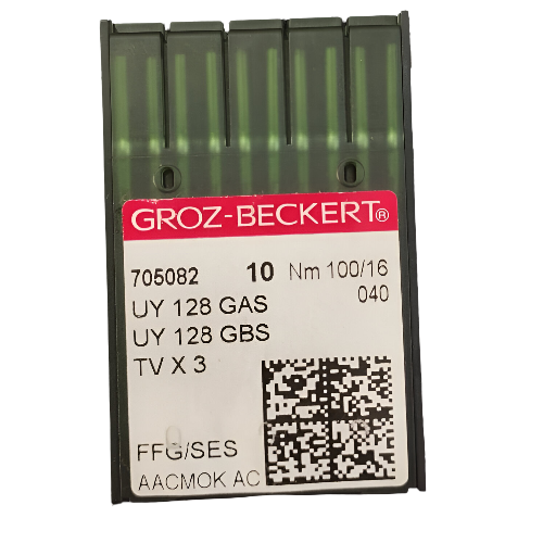 Aguja industrial de collarín UY128GROZ #100/16 marca Groz-Beckert para máquinas de coser, ideal para costuras en tejido de punto y prendas tubulares.