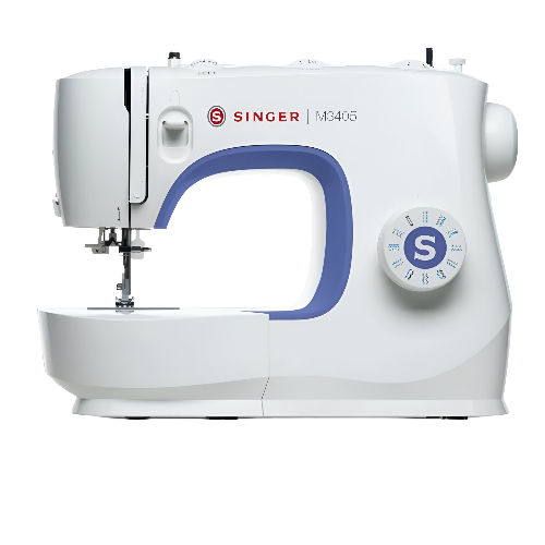 Máquina de coser electrónica Singer M3405 en color blanco con detalles lilas, equipada con 23 puntadas, enhebrador automático y ojal en un solo paso.