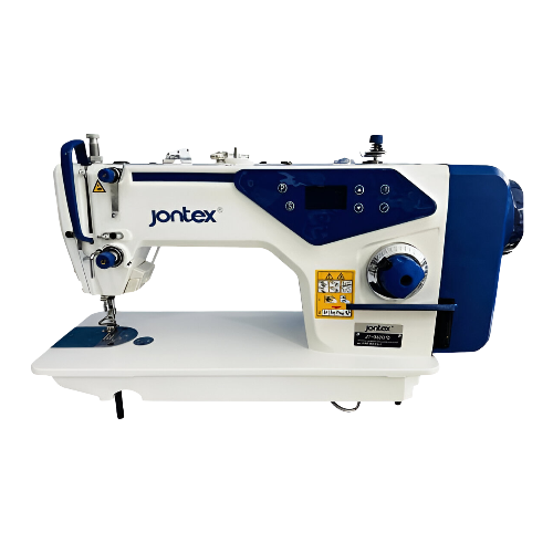 Máquina plana mecatrónica JONTEX JT-8600/D con motor Direct Drive, utilizada en talleres de confección para costuras rápidas y precisas.