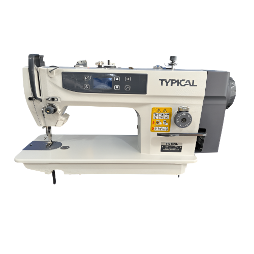 "Máquina plana industrial TYPICAL GC6158BD mecatrónica con gancho grande de 7 mm, motor directo de 550 W, ideal para coser cuero, lona y marroquinería."