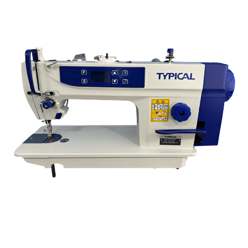 Máquina plana industrial TYPICAL mecatrónica GC6158BD de gancho grande 12mm, usada en confección textil para puntadas precisas y alta productividad.