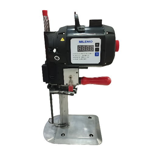 Cortadora Milenio electrónica vertical de 8 pulgadas y 2000W modelo C-8-2000W en color negro, diseñada para corte textil industrial y ajustable en velocidades para telas delgadas y gruesas.