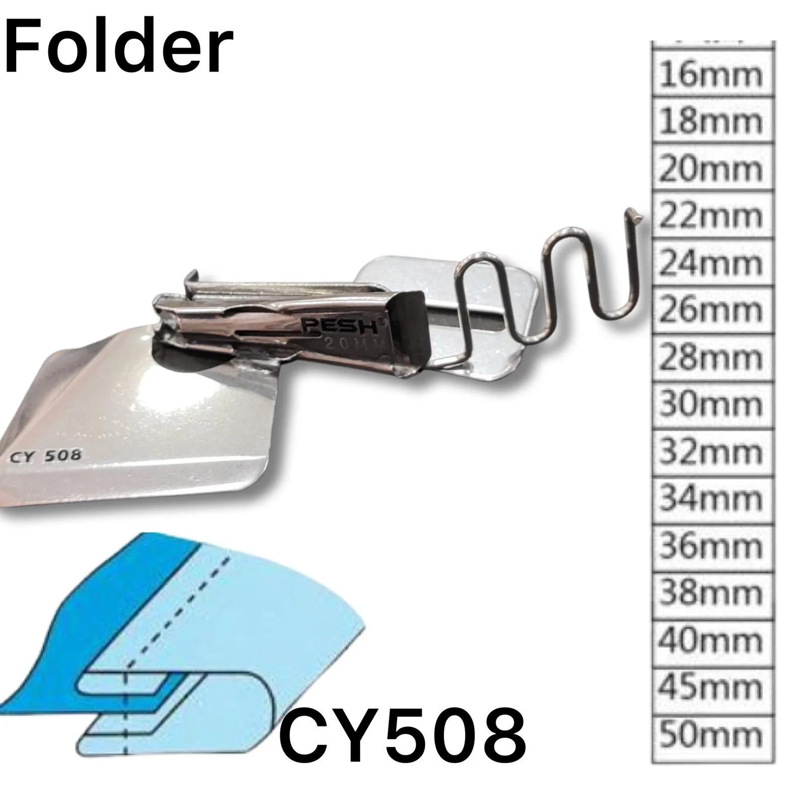 Folder Sobreponer Plana 28 mm CY508 para máquina de coser industrial de puntada recta.