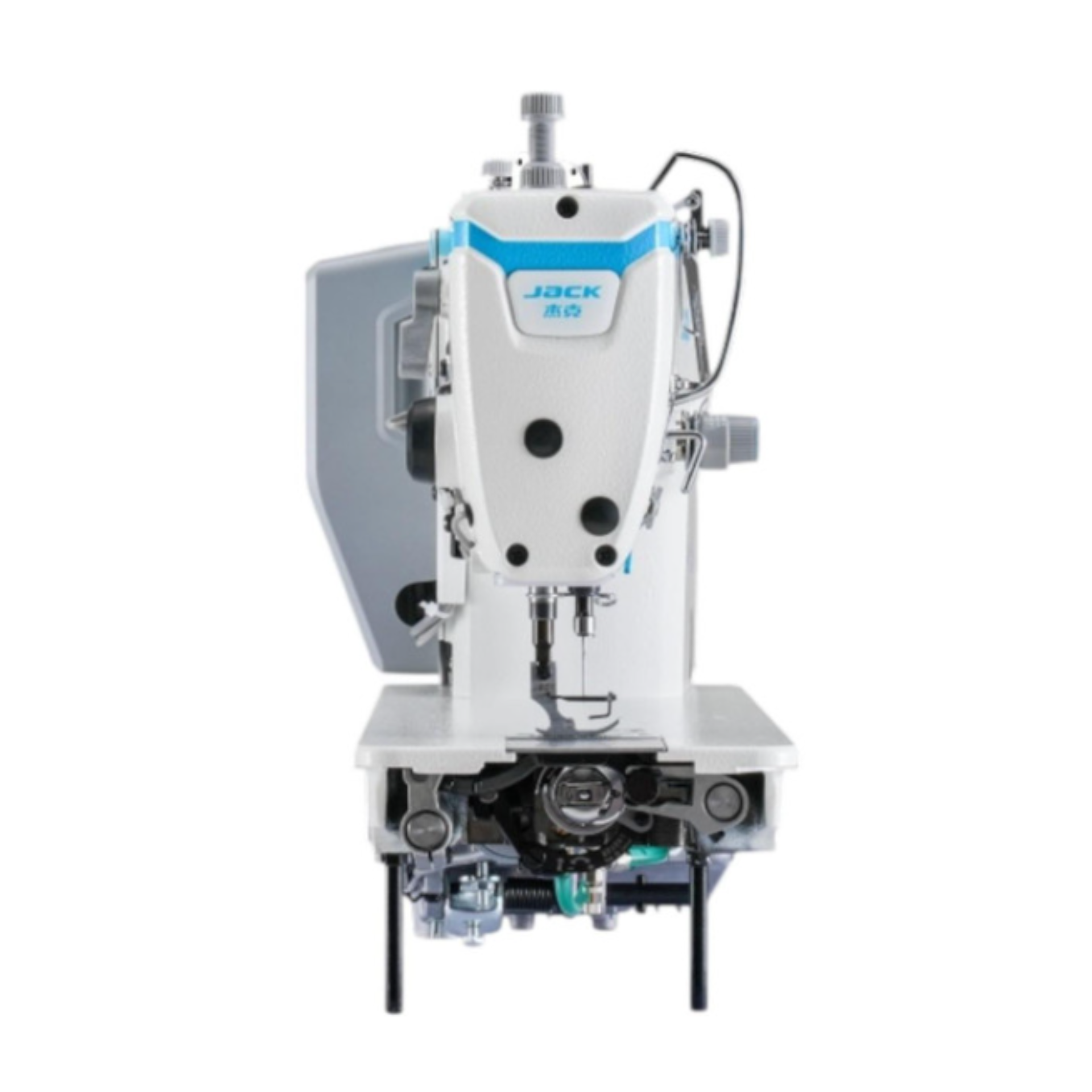 Vista lateral de la máquina de coser industrial JACK A5E-B automática Direct Drive con panel inteligente.