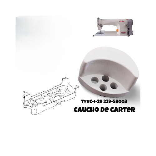 Esta imagen muestra un acercamiento a las perforaciones y zonas de montaje del Caucho de Cárter Esquinero para Máquina de Coser Industrial Juki TYYC-1-28 Ref. 229-58003. Estos puntos de fijación han sido diseñados para facilitar una instalación precisa y garantizar que la pieza permanezca firmemente posicionada durante el funcionamiento de la máquina. Las perforaciones permiten que el caucho se adapte correctamente a la estructura de soporte, ayudando a distribuir las cargas de manera uniforme y reduciendo el movimiento excesivo del sistema. Gracias a ello, se mejora la estabilidad del equipo y se protege el área del cárter o depósito de aceite frente a vibraciones constantes. Además, una correcta fijación contribuye a prolongar la vida útil de las bisagras, soportes y demás componentes relacionados con el sistema de montaje de la máquina industrial.