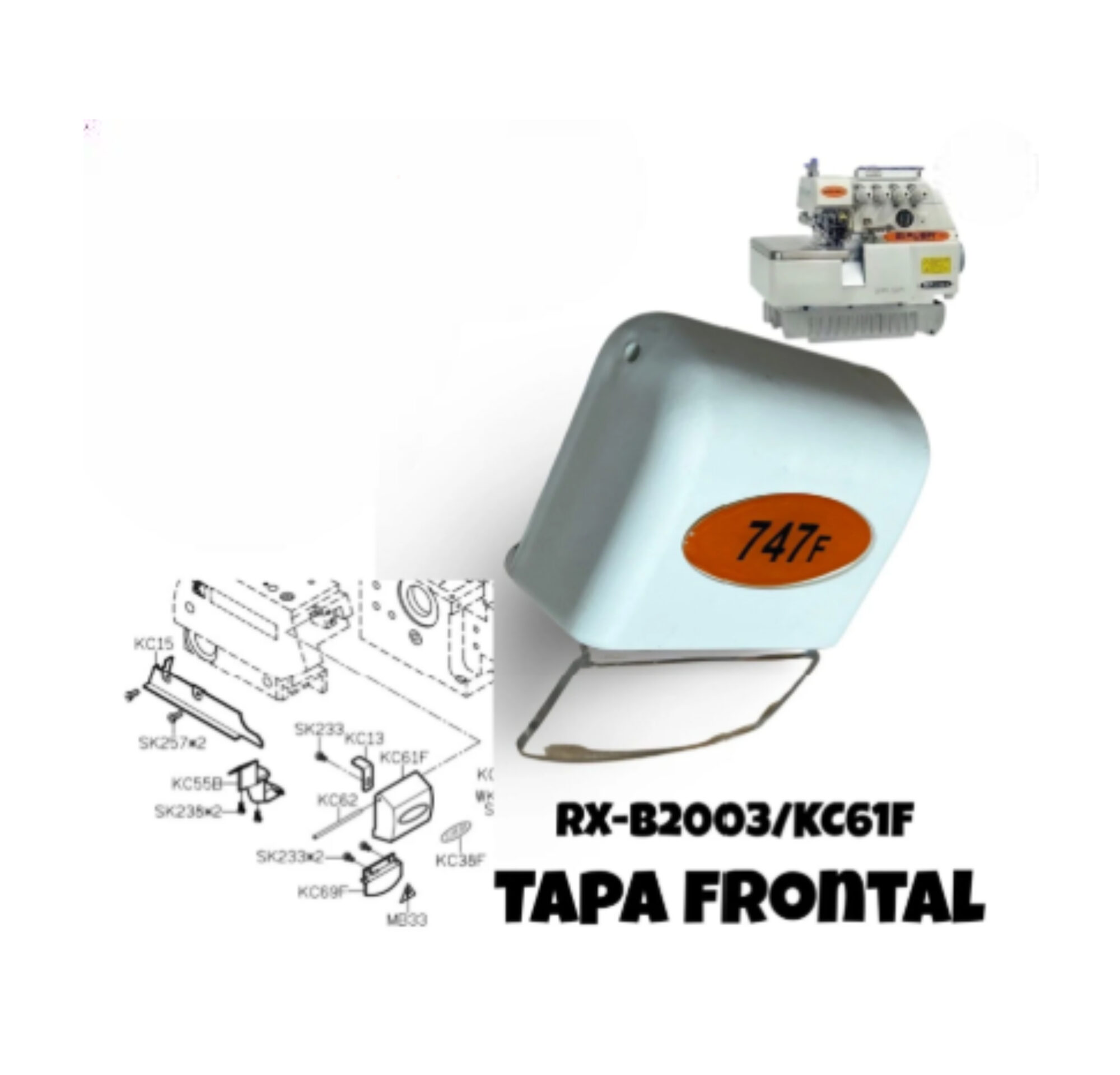 Tapa Frontal RX-B2003/KC61F para fileteadora Siruba 747F, repuesto de alta calidad para máquina de coser industrial.