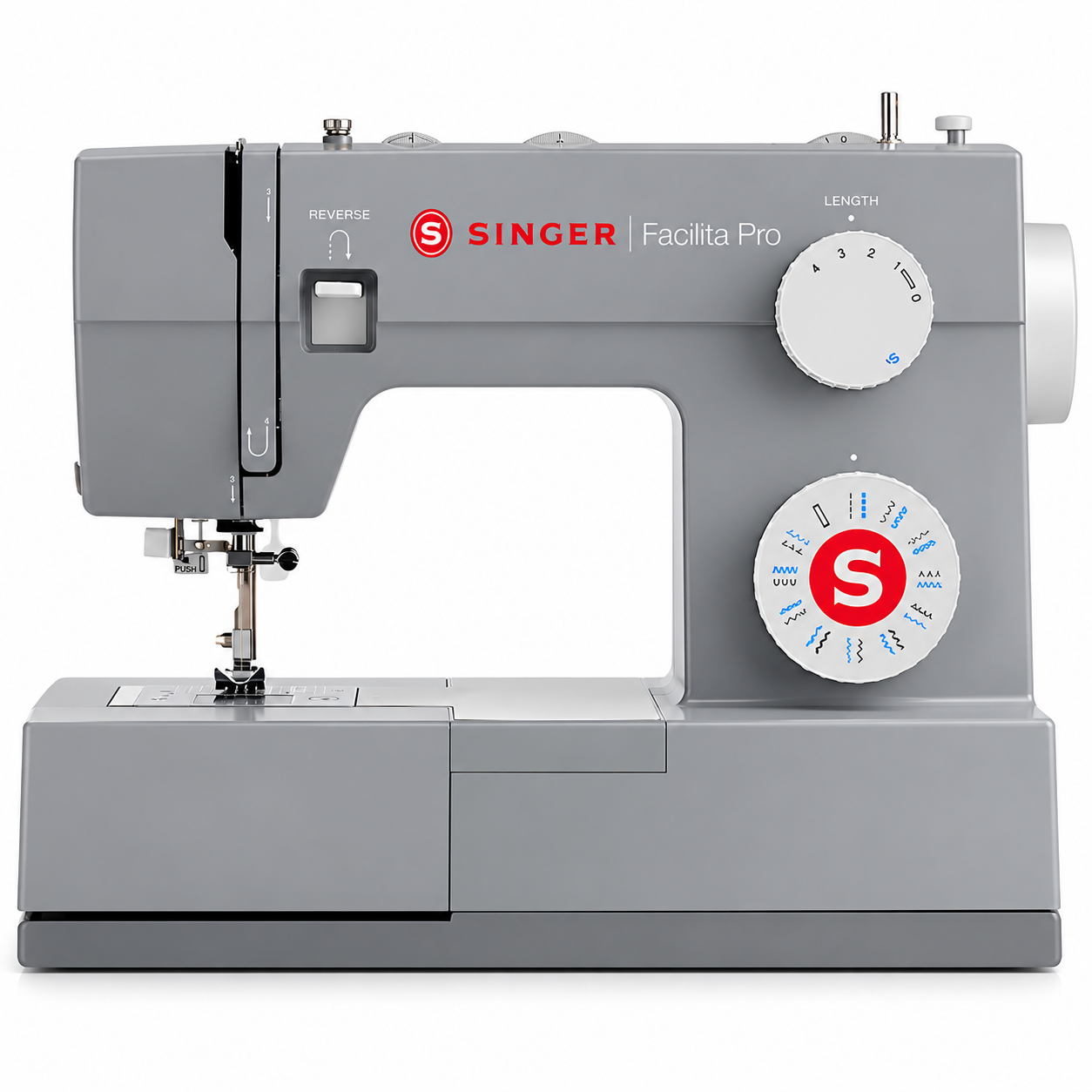 Máquina de coser Singer Facilita Pro gris, con puntadas ajustables, estructura resistente y diseño mecánico para confección y arreglos de ropa.
