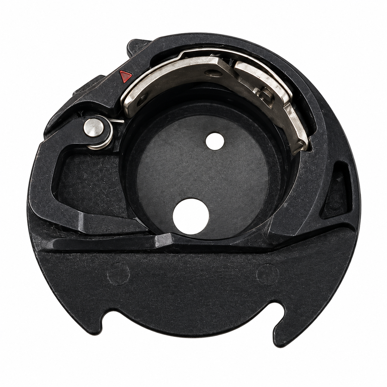 Bobina Bordadora Janome 846627000, repuesto para máquina de bordar, color negro con componentes metálicos, fondo blanco.